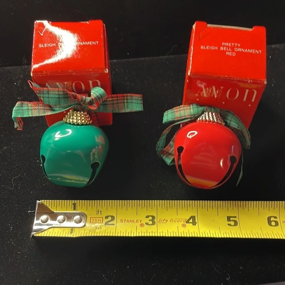 Set of 2 (1 red/1 green)Avon Vintage Pretty Sleigh Bell Ornaments w/plaid ribbon